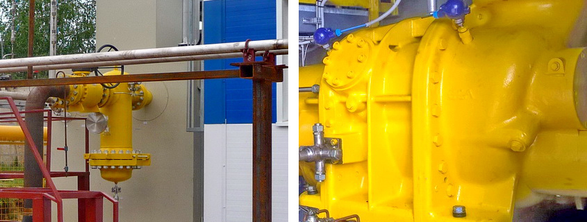 Outdoor filter for gas fine purification (on left) and main component of BCS – the screw compressor
